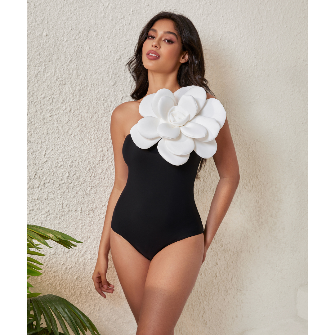 Traje de baño de una pieza con un hombro y falda de flor 3D