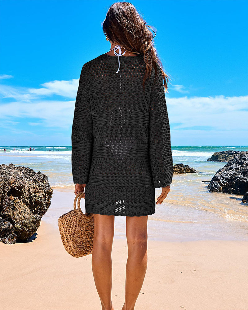 Vestido de playa con mangas largas y crochet para cubrir el traje de baño