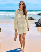 Vestido de playa con mangas largas y crochet para cubrir el traje de baño