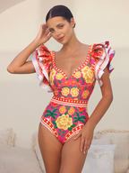 Bañador de una pieza con estampado de contraste y pareo con volantes