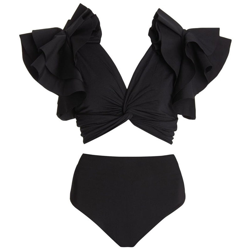 Bañador de bikini negro sólido con volantes