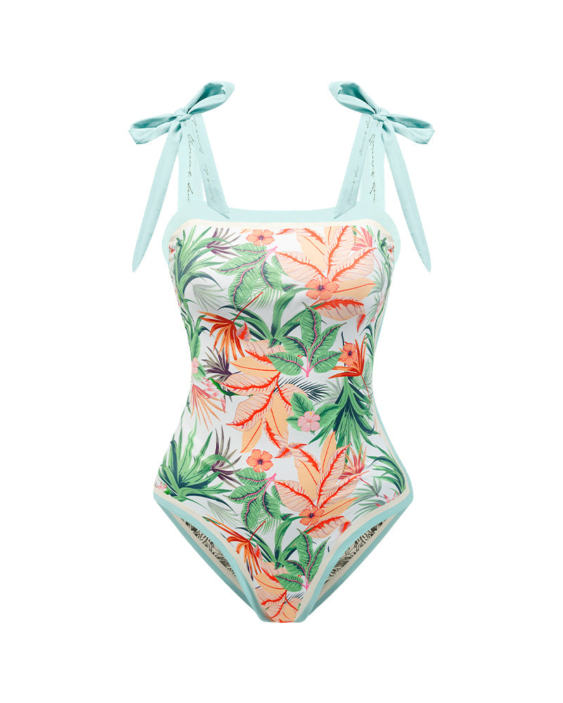 Traje de baño de una pieza floral reversible con tirantes ajustables