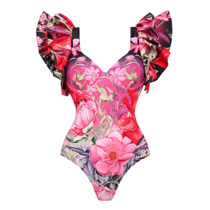 Traje de baño de una pieza con estampado de flores rizadas y pareo