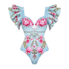 Bañador de una pieza con estampado de flores azules rizadas y falda