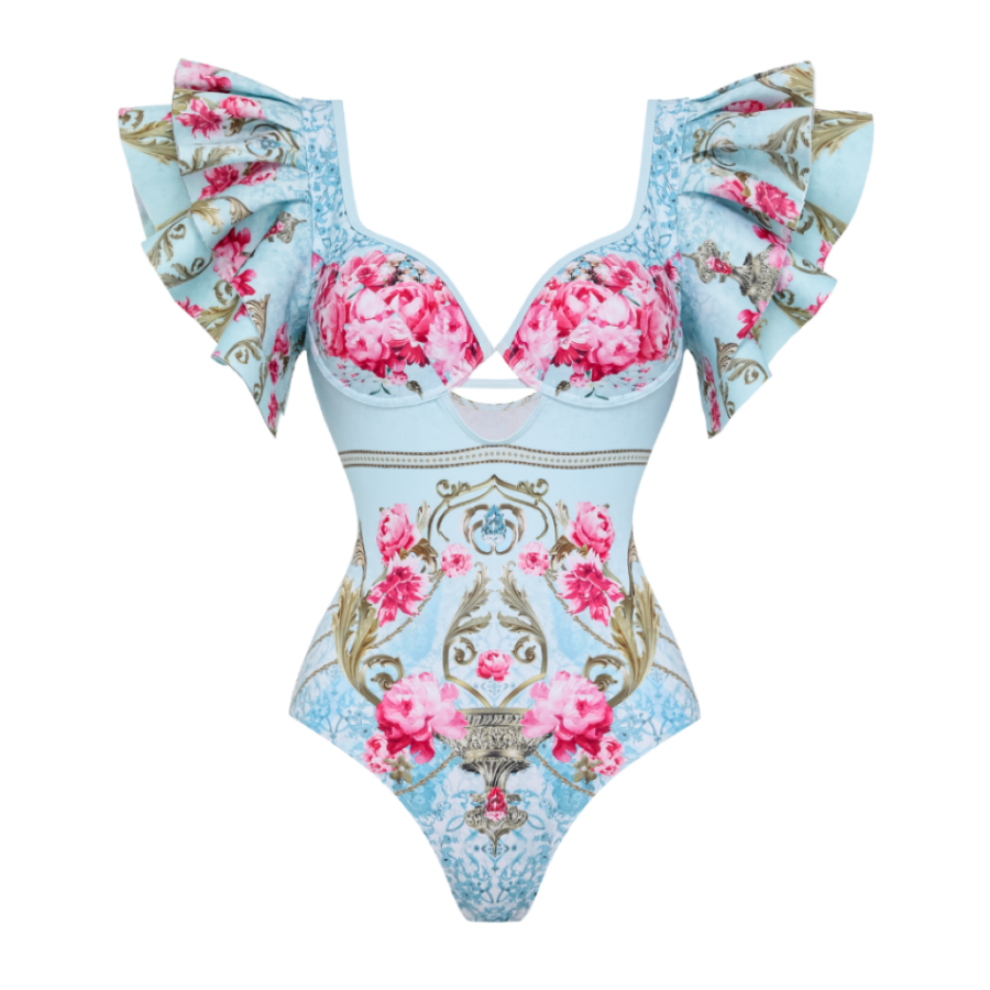 Bañador de una pieza con estampado de flores azules rizadas y falda