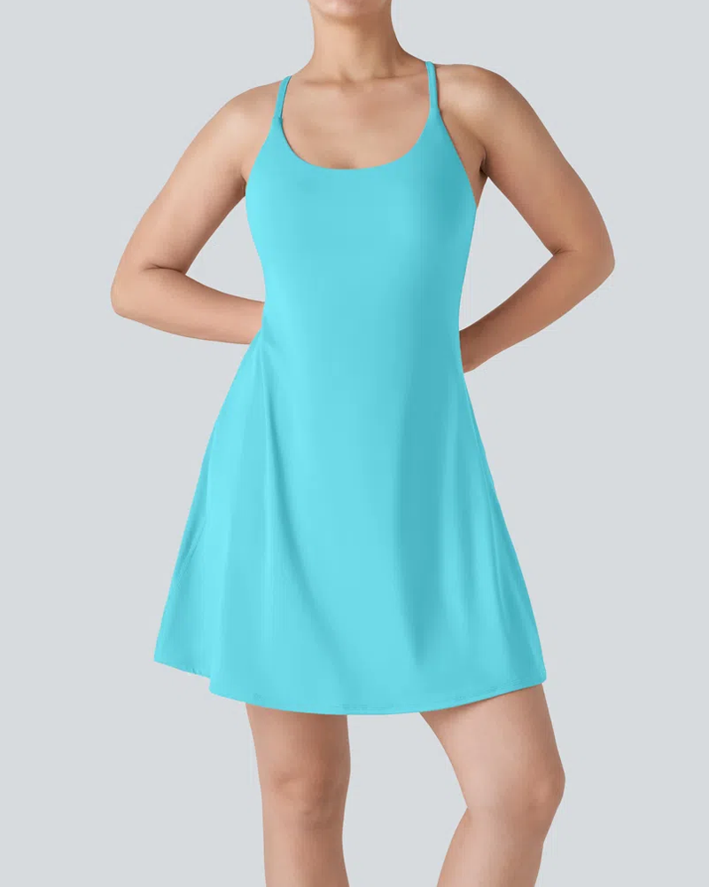 Vestido deportivo casual sin mangas de color sólido para mujer con pantalones cortos con bolsillo