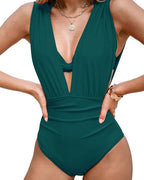 Top de bikini con aros y cuello halter para mujer para vacaciones en la playa y conjunto de traje de baño con escote pronunciado y fruncido