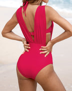 Top de bikini con aros y cuello halter para mujer para vacaciones en la playa y conjunto de traje de baño con escote pronunciado y fruncido