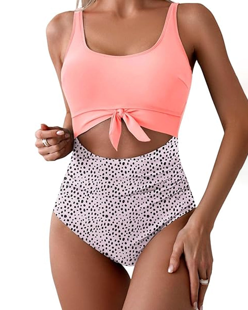Traje de baño de una pieza para mujer con diseño calado, costuras en color contrastante y cordones