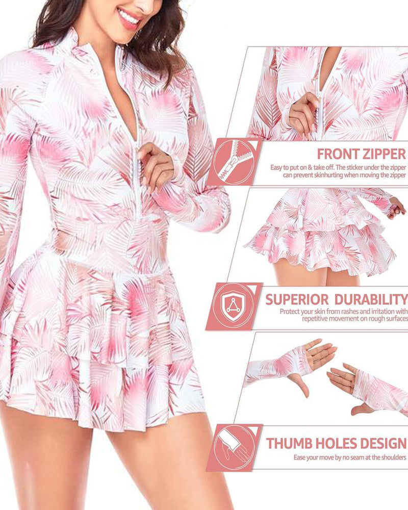 Traje de baño de una pieza con falda con volantes y manga larga, estampado de vacaciones en la playa, UPF50+