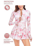 Traje de baño de una pieza con falda con volantes y manga larga, estampado de vacaciones en la playa, UPF50+