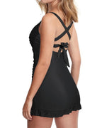 Traje de baño de una pieza para mujer con escote en V, control de abdomen, espalda descubierta y falda, con conjunto de pantalones cortos para nadar