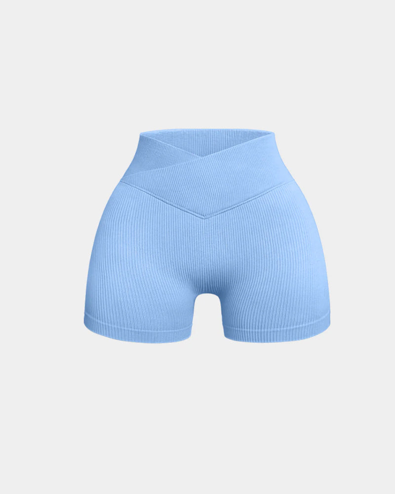 Shorts deportivos de yoga ajustados de cintura alta y canalé en color sólido
