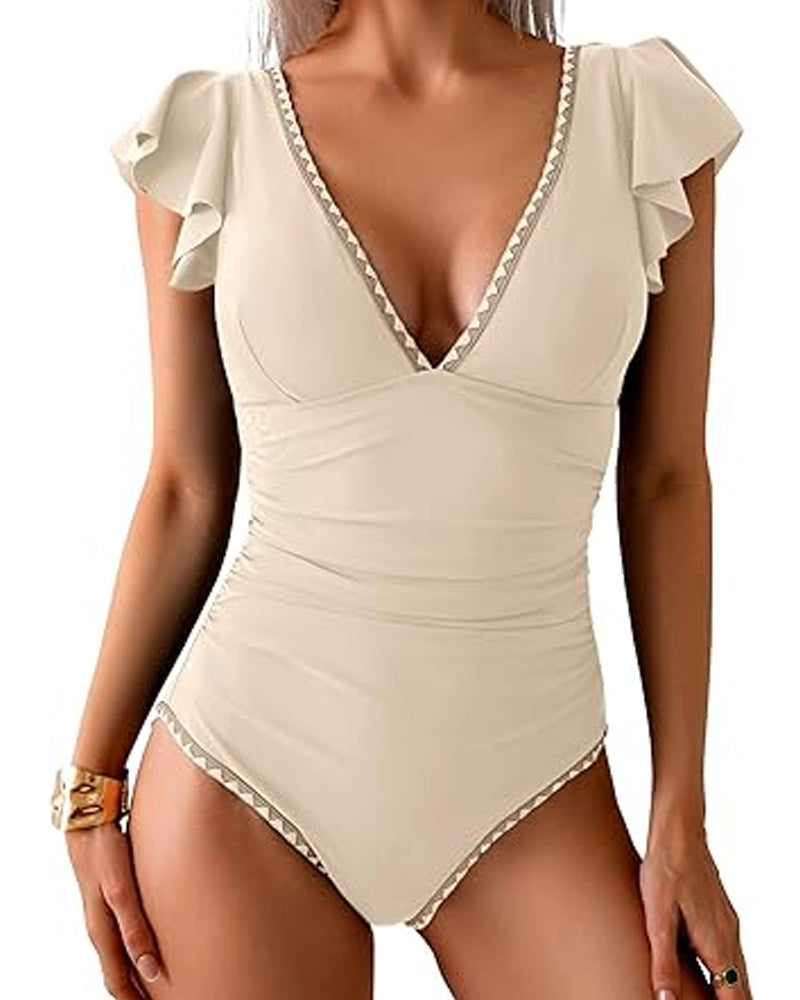 Traje de baño de una pieza con control de abdomen, manga corta con volantes y escote en V profundo estampado
