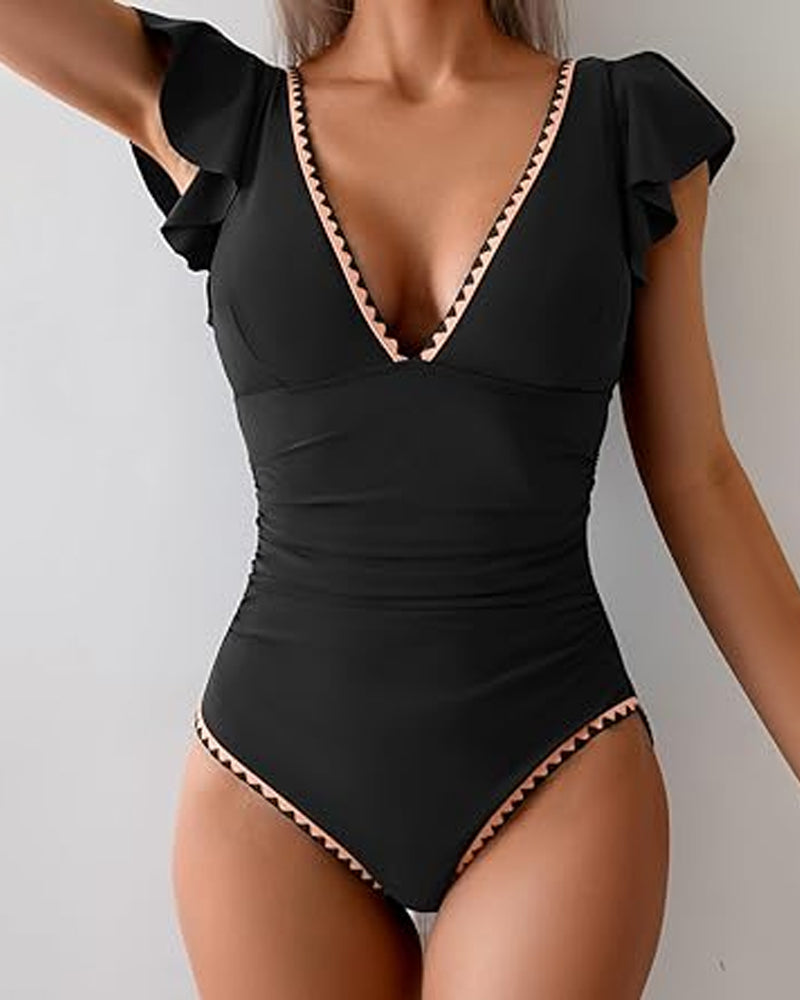 Traje de baño de una pieza con control de abdomen, manga corta con volantes y escote en V profundo estampado