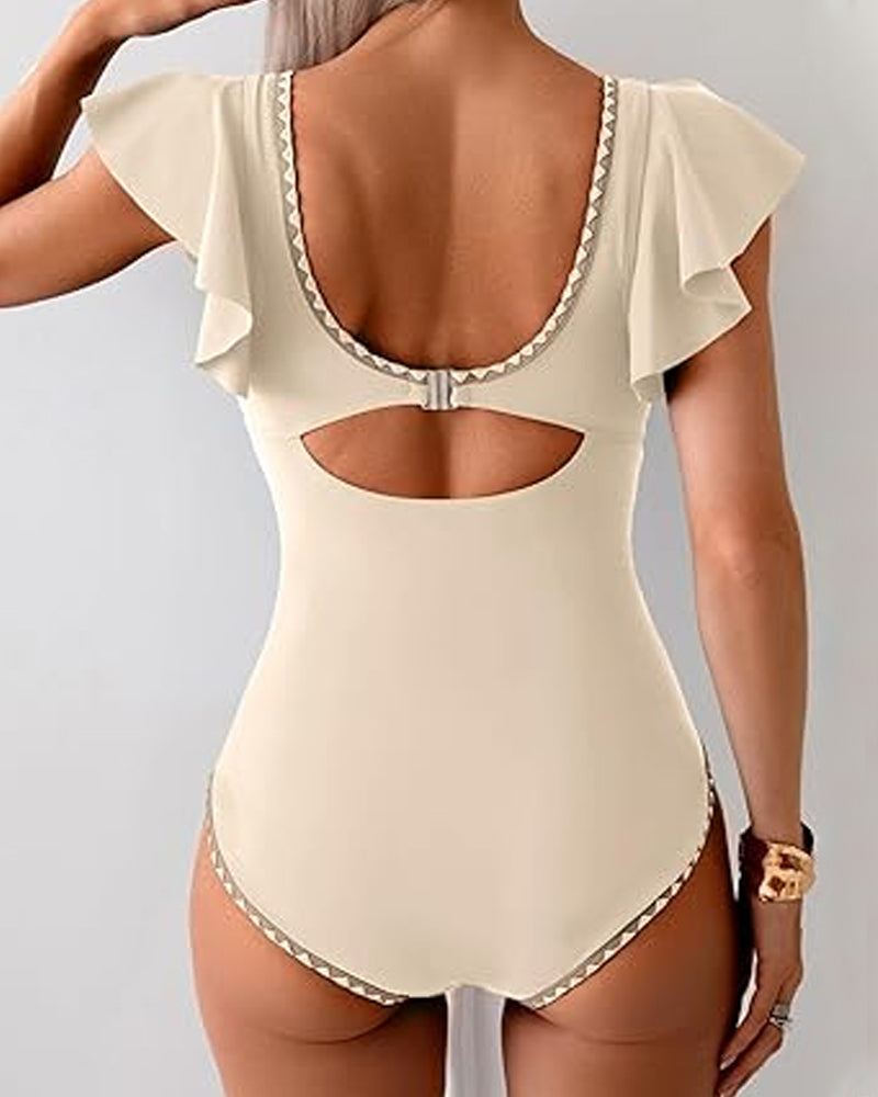 Traje de baño de una pieza con control de abdomen, manga corta con volantes y escote en V profundo estampado