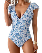 Traje de baño de una pieza con control de abdomen, manga corta con volantes y escote en V profundo estampado