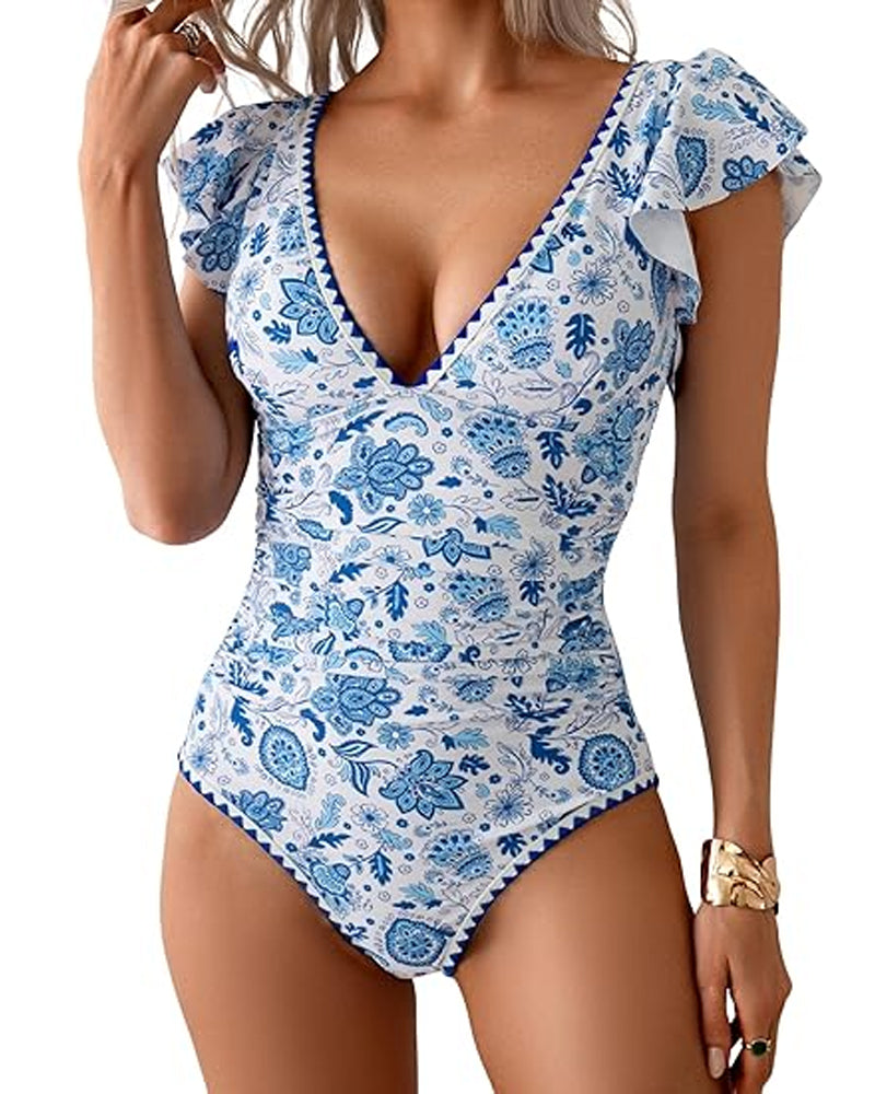 Traje de baño de una pieza con control de abdomen, manga corta con volantes y escote en V profundo estampado