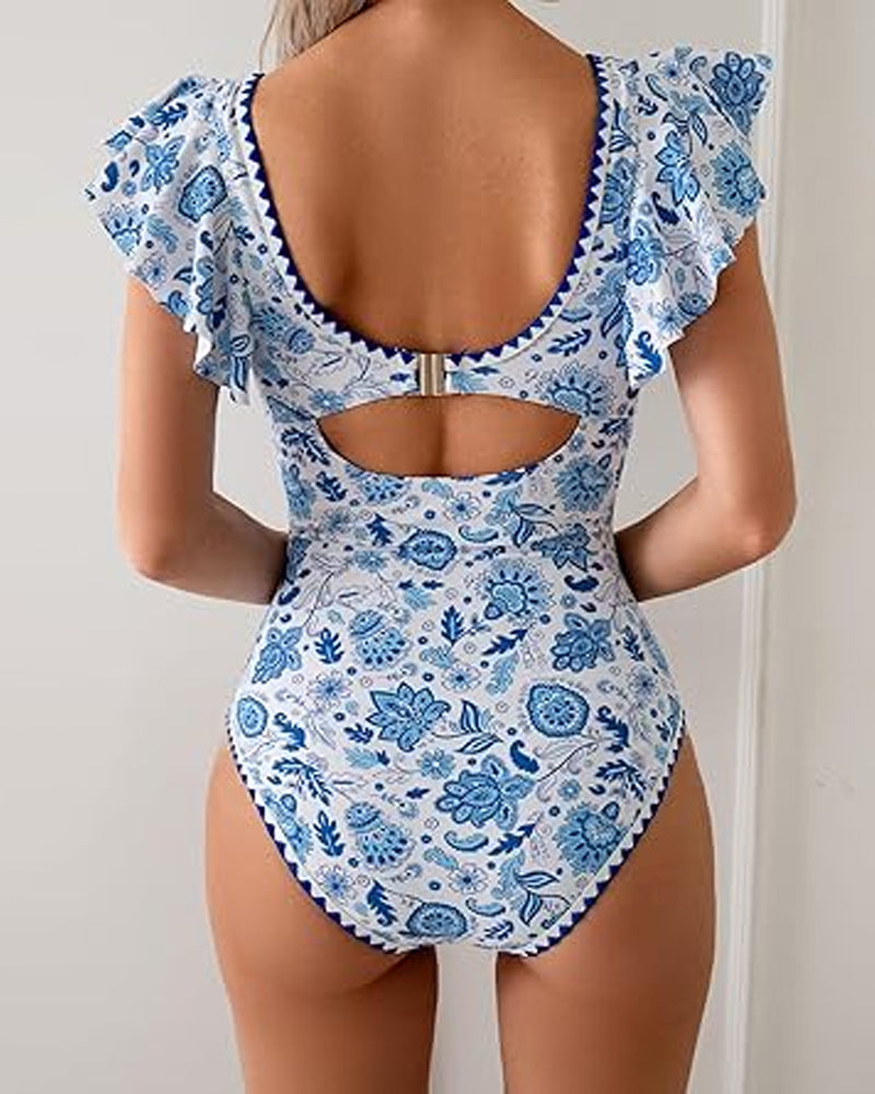 Traje de baño de una pieza con control de abdomen, manga corta con volantes y escote en V profundo estampado