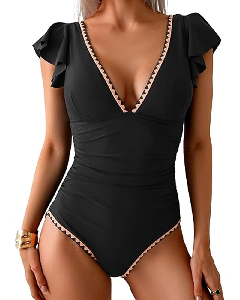Traje de baño de una pieza con control de abdomen, manga corta con volantes y escote en V profundo estampado