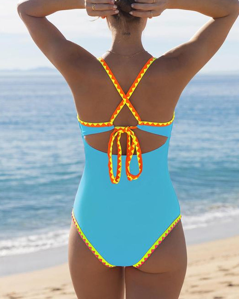 Traje de baño de una pieza sin mangas sexy con tirantes cruzados en color de contraste para mujer