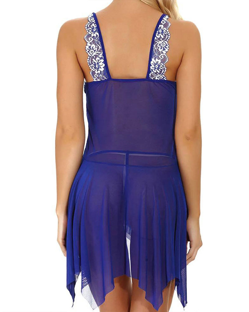 Conjunto de camisón y tanga con tirantes, botones frontales, malla translúcida y encaje sexy con escote en V profundo