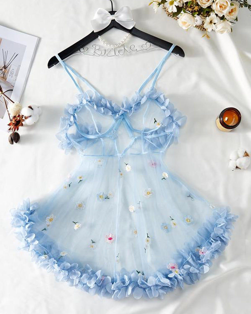 Vestido Sexy de Tirantes con Malla de Encaje Floral 3D Transparente