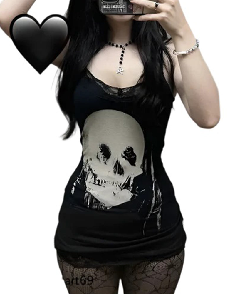 Vestido Sexy de Tirantes con Encaje Calavera Negra