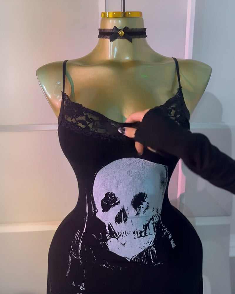 Vestido Sexy de Tirantes con Encaje Calavera Negra