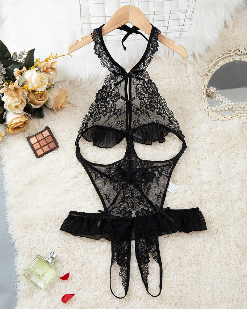 Body de mujer con diseño de entrepierna abierta y encaje floral transparente sin espalda y sexy