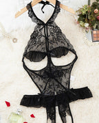 Body de mujer con diseño de entrepierna abierta y encaje floral transparente sin espalda y sexy