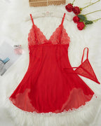 Sexy Camisón de Tirantes con Escote Profundo en V, Encaje de Contraste, Malla y Adorno de Lazo (Con Tanga)