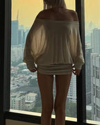 Vestido mini plisado de manga larga, hombros descubiertos, manga murciélago suelta y transparente para mujer