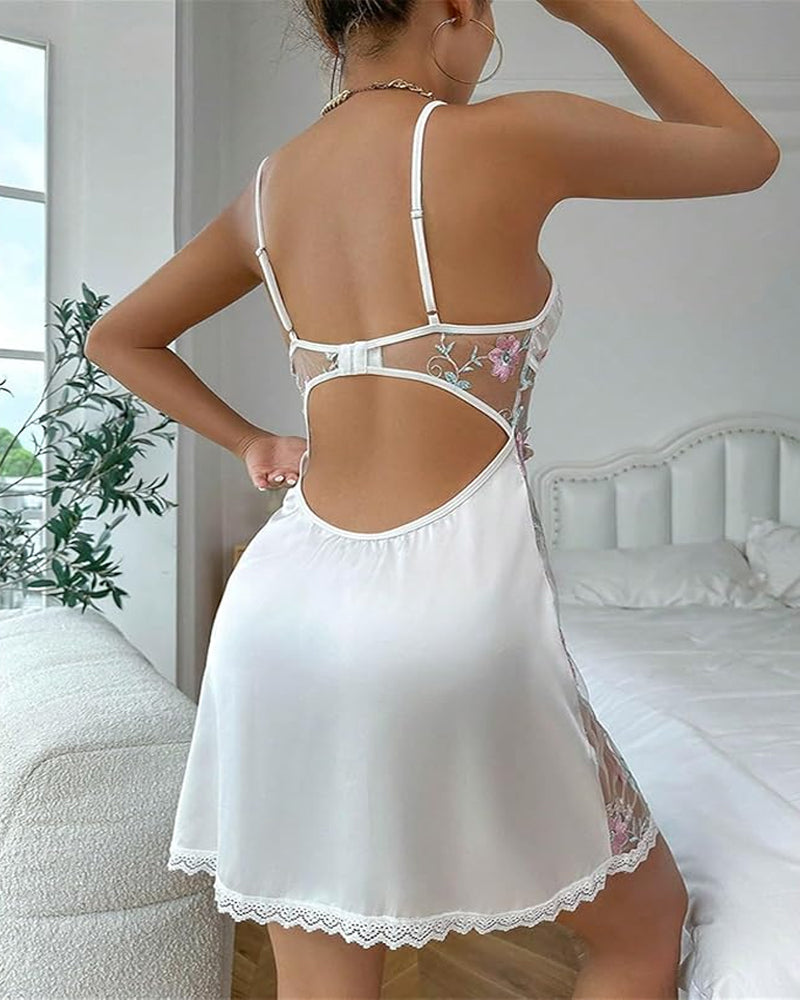 Camisón de tirantes de satén con bordado de ojales florales y borde de encaje para mujer