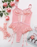 Sexy Lace Mesh Backless Ruffled Decoration Hollow Ring Buckle One-Piece Pajamas