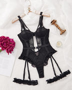 Sexy Lace Mesh Backless Ruffled Decoration Hollow Ring Buckle One-Piece Pajamas