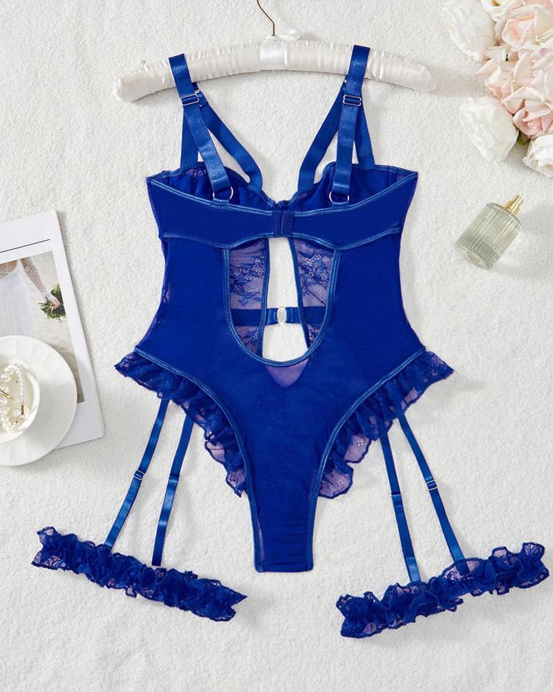 Sexy Lace Mesh Backless Ruffled Decoration Hollow Ring Buckle One-Piece Pajamas