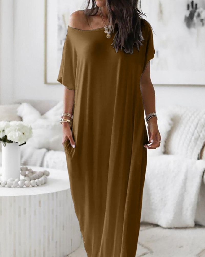 Vestido Casual Cómodo de Manga Corta de Color Sólido para Mujer