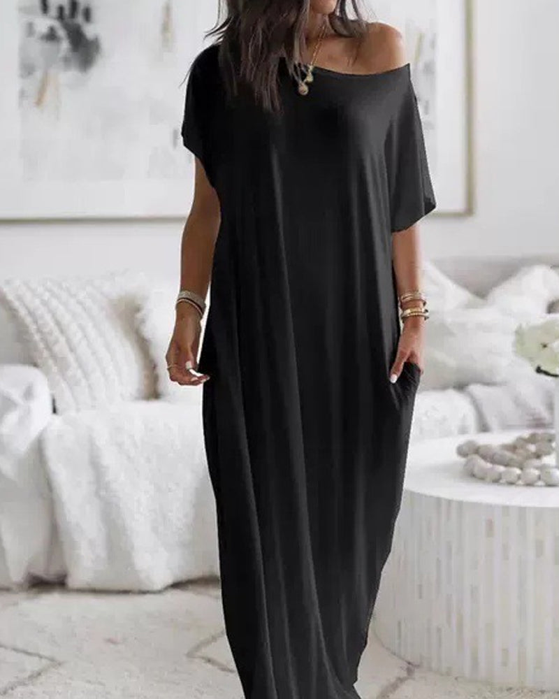 Vestido Casual Cómodo de Manga Corta de Color Sólido para Mujer