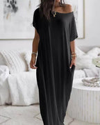 Vestido Casual Cómodo de Manga Corta de Color Sólido para Mujer