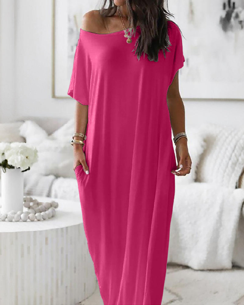 Vestido Casual Cómodo de Manga Corta de Color Sólido para Mujer