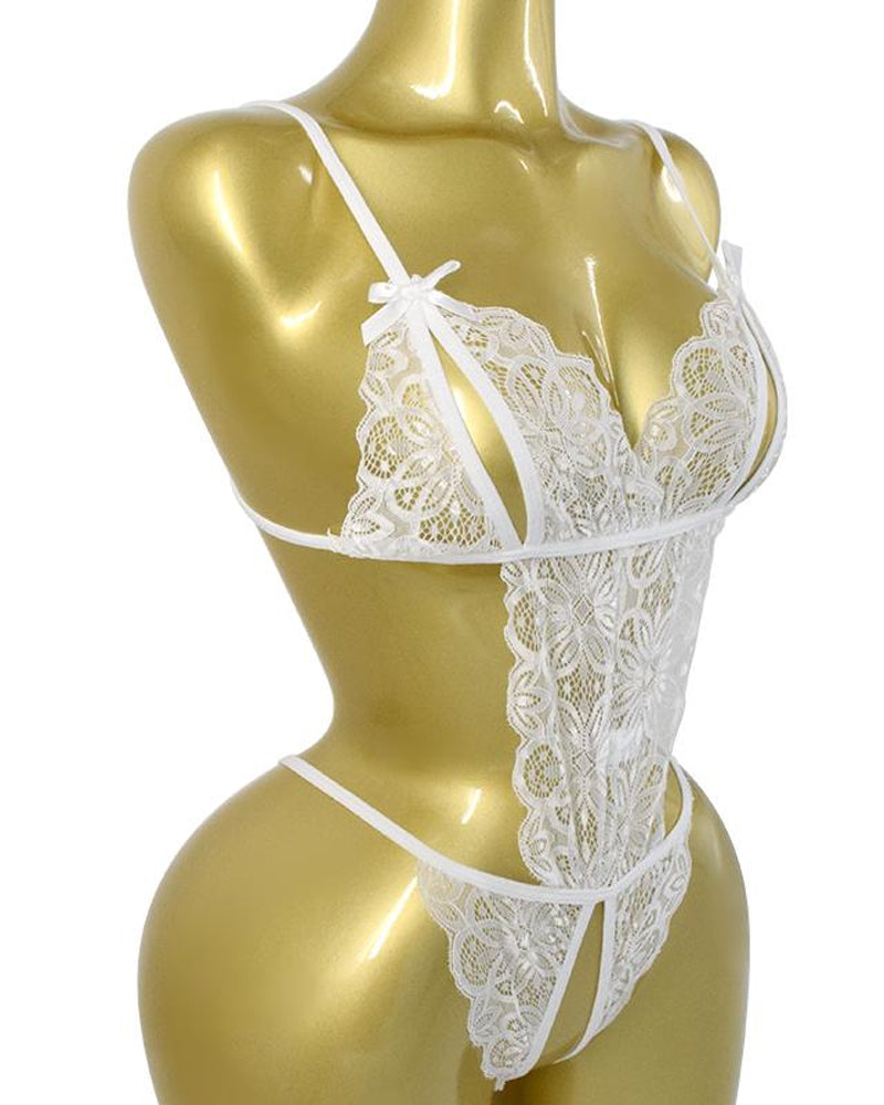 Pijama de una pieza sin espalda de encaje floral translúcido sexy para mujer