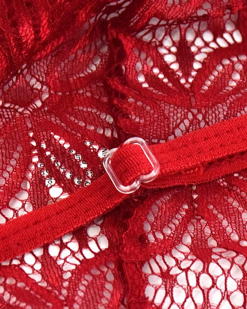 Pijama de una pieza sin espalda de encaje floral translúcido sexy para mujer
