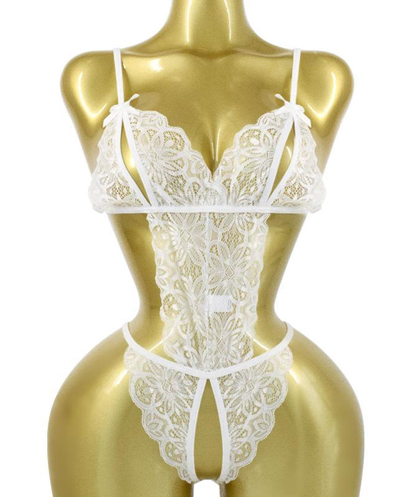 Pijama de una pieza sin espalda de encaje floral translúcido sexy para mujer