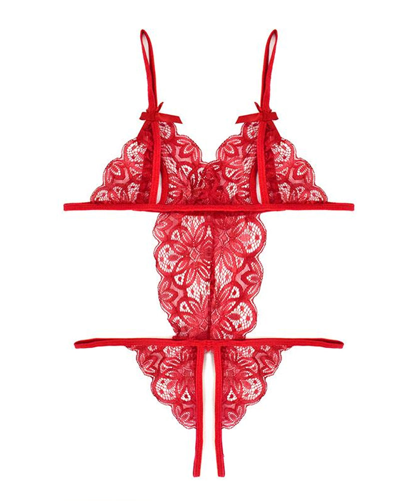 Pijama de una pieza sin espalda de encaje floral translúcido sexy para mujer