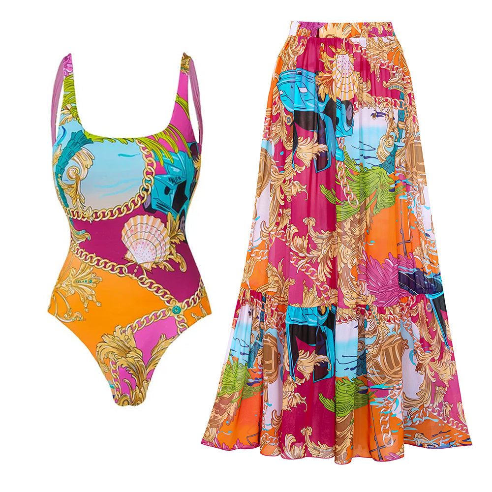 Traje de baño de una pieza con estampado de concha de cuello redondo y pareo o falda