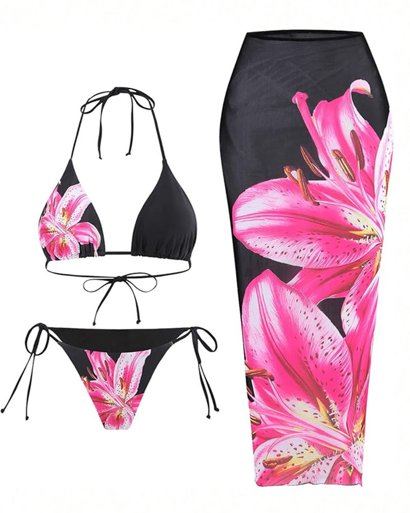 Conjuntos de bikini para mujer con estampado floral, traje de baño con halter y lazo en la espalda, con falda de cobertura