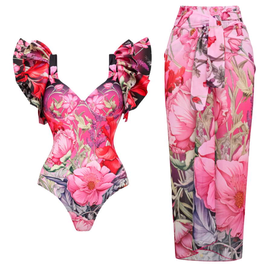 Traje de baño de una pieza con estampado de flores rizadas y pareo