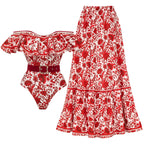 Bañador de una pieza con estampado de silueta de flor roja con volantes y falda