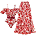 Bañador de una pieza con estampado de silueta de flor roja con volantes y falda